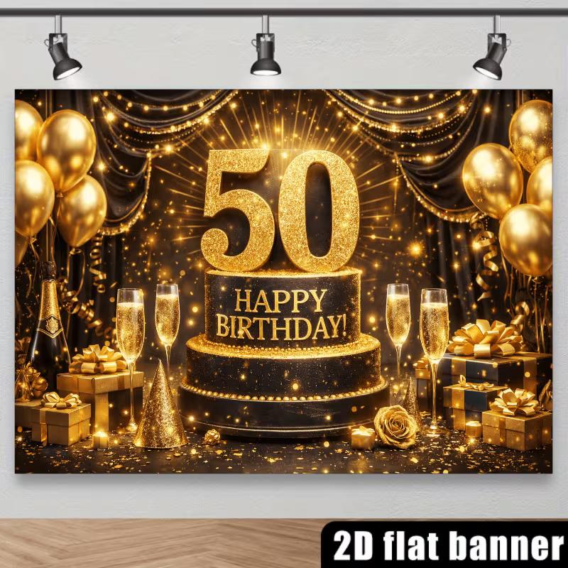 2D 50th Happy Birthday Black Gold Champagne Background Cloth 50th Birthday Party Decoration