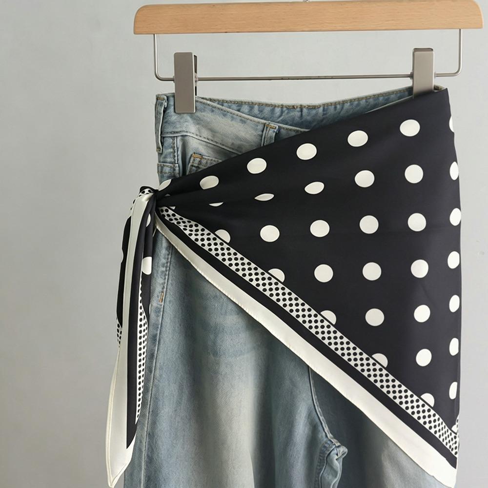 

Silk Satin Polka Dot Triangle Scarf Matching Pants Waist Belt New Decorative Headscarf Style1-Black