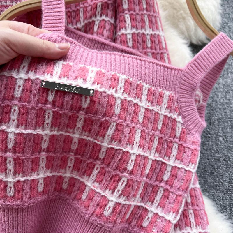 Süßes Mädchen Elegantes gestricktes 3-teiliges Set für Frauen Kurze Strickjacke Niedliche Weste Minirock Weiblicher Vintage Hohe Taille Plaid Partyanzug