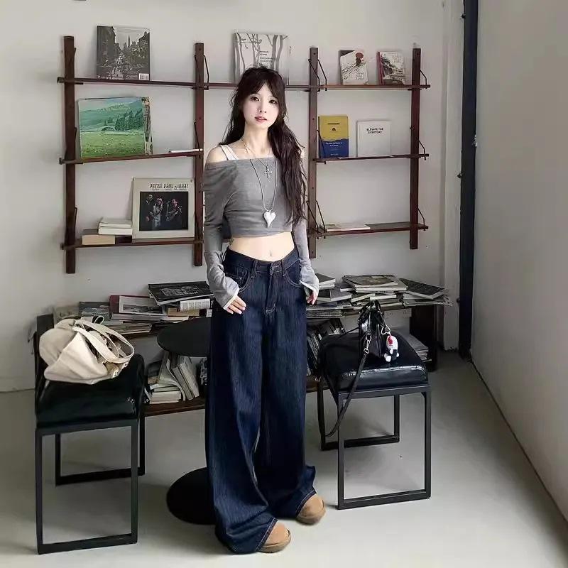 Women's Dark Blue High-Waist Plus Size Wide-Leg Jeans for Spring and Autumn 2025 - Loose Draped Straight-Leg Floor-Length Pants