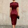 Women's V Neck Satin Short Sleeve Bowknot Wrap Sheath Dress Elegant Slim Fit Midi Dress for Formal Events Office Wear