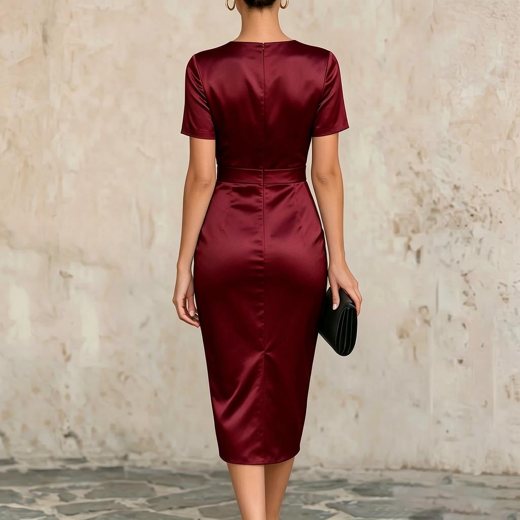 Women's V Neck Satin Short Sleeve Bowknot Wrap Sheath Dress Elegant Slim Fit Midi Dress for Formal Events Office Wear