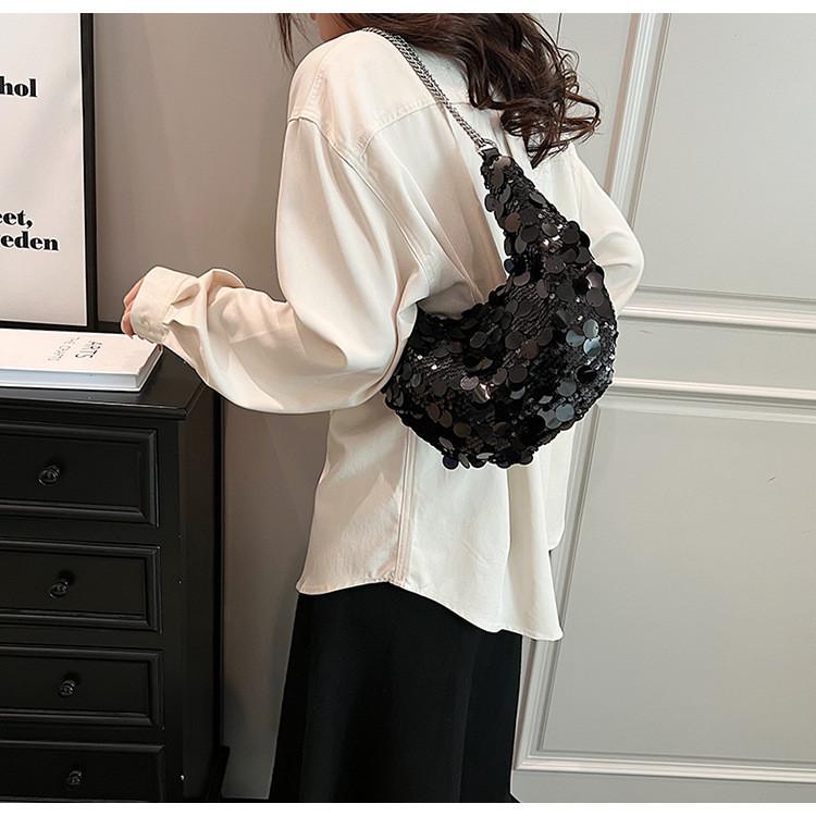 Trendy Korean Style Sparkly Chain Underarm Dumpling Bag Women's Bag 2023 New Winter Shoulder Crossbody Bag