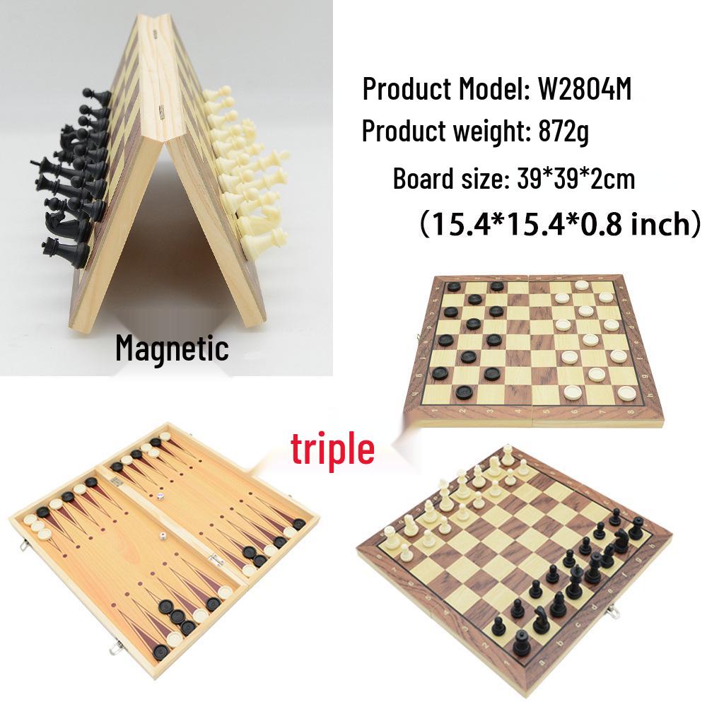 3-in-1 Foldable Wooden Chess, Checkers & Magnetic Game Set