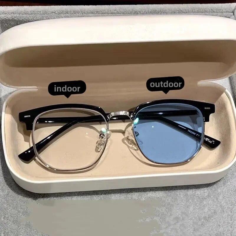 Photochromic Half Frame Myopic Glasses Outdoor Color Changing Near Sight Eyeglasses Anti-Blue Light Short Sight Eyewear