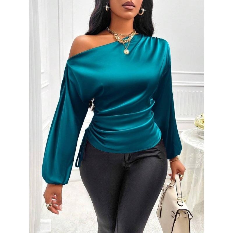 

Женская весенняя мода, новый асимметричный диагональный воротник, длинный рукав, топ XL синий