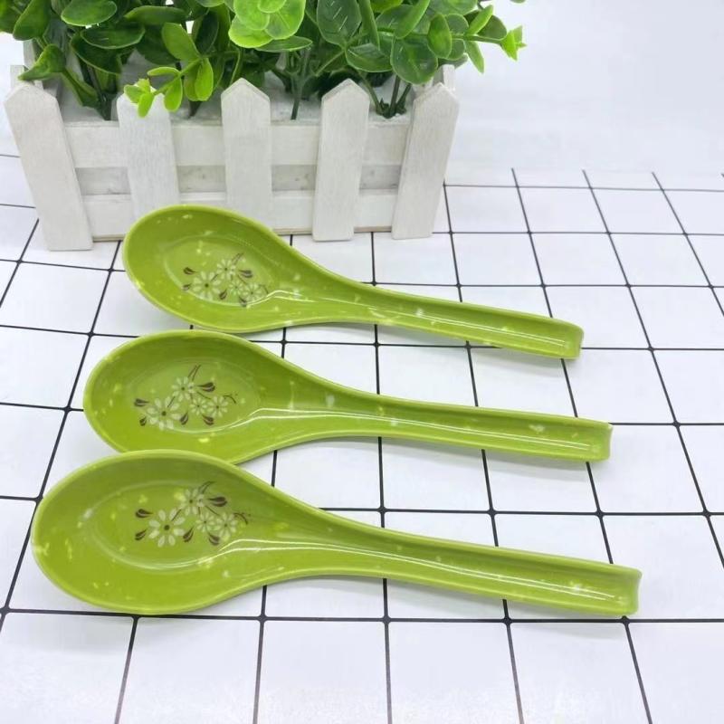 5/10Pcs Break-Resistant Melamine Spoon Thickened Flower Soup Spoons With Hook Portable Long Handle Plastic Food Tableware Green