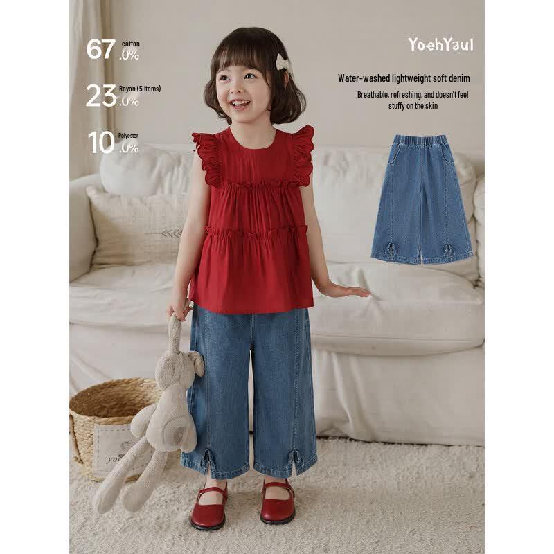 Girls  Summer Loose Fit Cropped Wide-Leg Denim Pants 100 cm