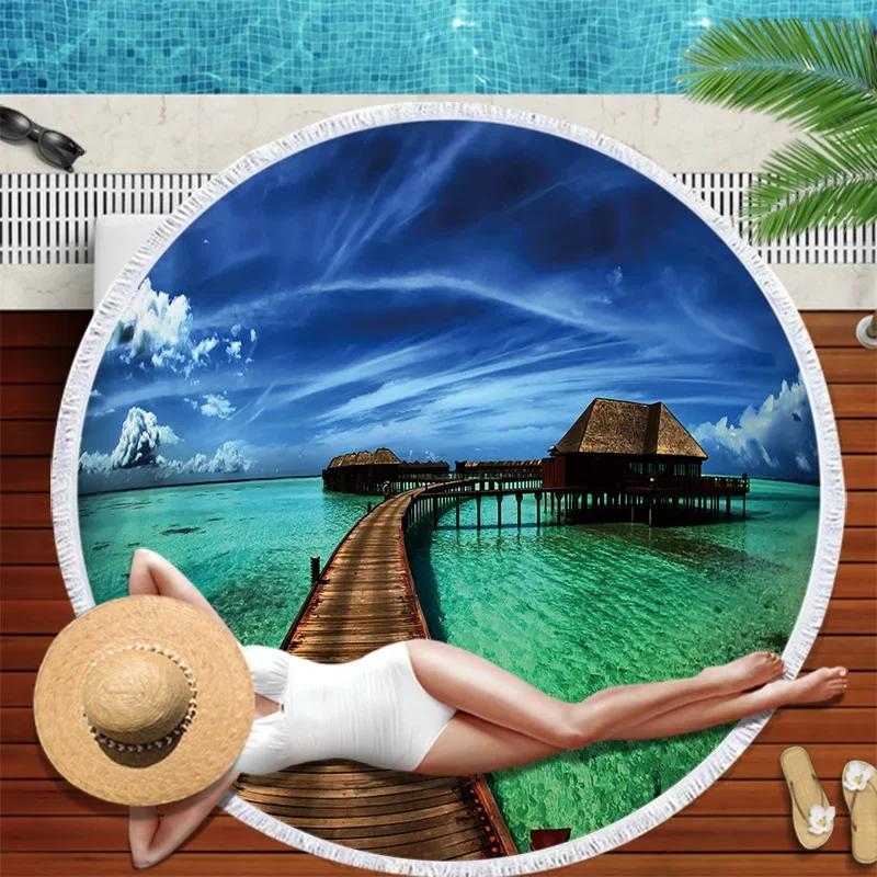 Summer Round Beach Towel Flamingo Tropical Plant With Drawstring Backpack Bag Bath Shower Towels Bikini Cover Up Pool Towel