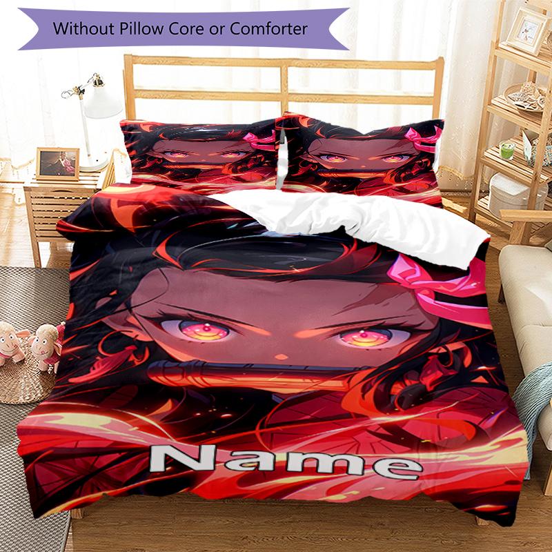 3pcs Custom Name Demon Slayer Bedding Set Duvet Cover Closure Includes 1 Duvet Cover & 2 Pillowcases, Soft and Comfortable for All Seasons.