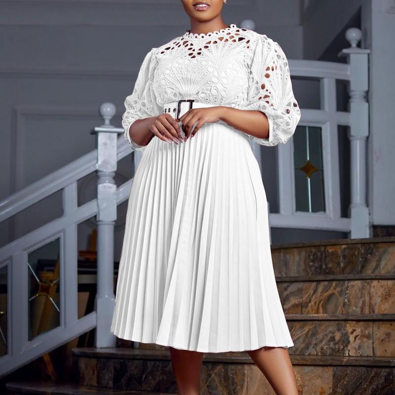 European American Women's Clothing New Fashionable Temperament Lace Hollow Out Sexy Pleated Large Size Dress