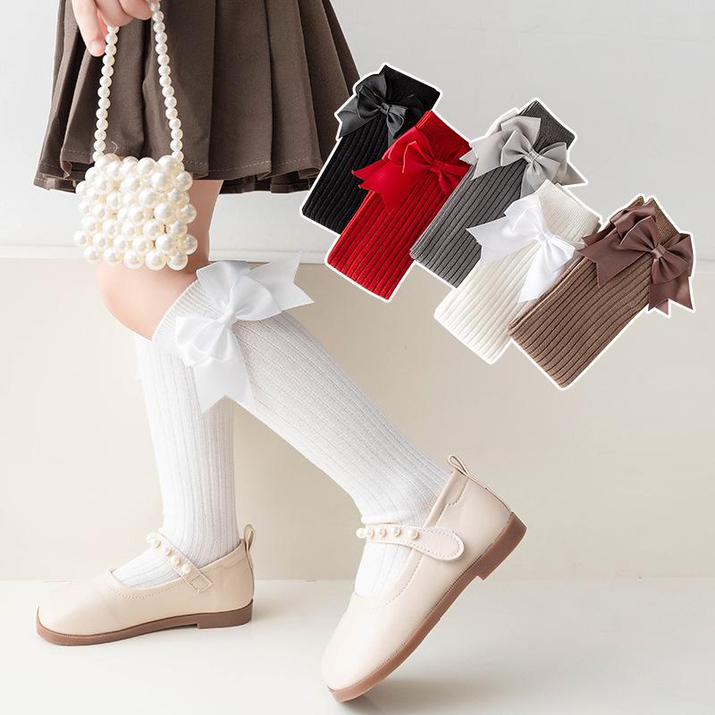 Spring Autumn Baby Children Girl Socks Solid Color Stockings School Student Uniform Knee High Long Sock Kids Princess Bow Socks