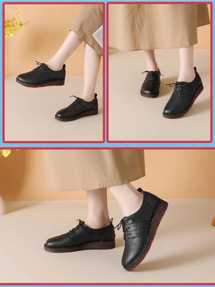 Johnature Genuine Leather Soft Soled Women's Shoes Casual Versatile Lace-up Soft Cowhide Flats