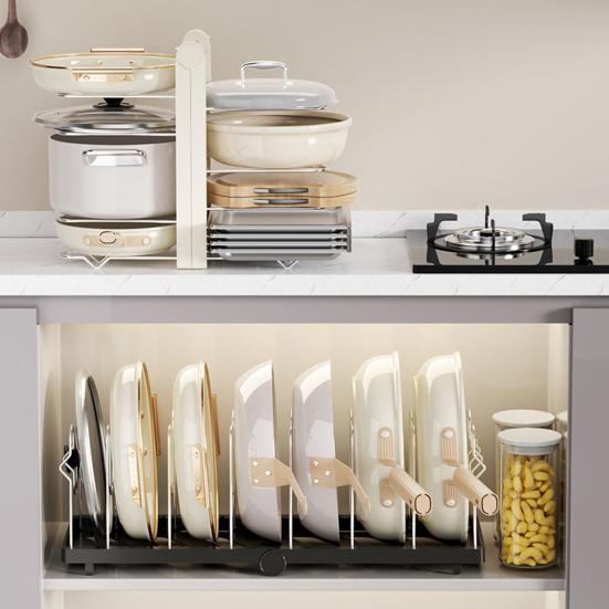 Pot Rack Stainless Steel Divider Expandable Design Adjustable Lid Organizer Kitchen Cabinet Storage Rack Pot Lid Holder