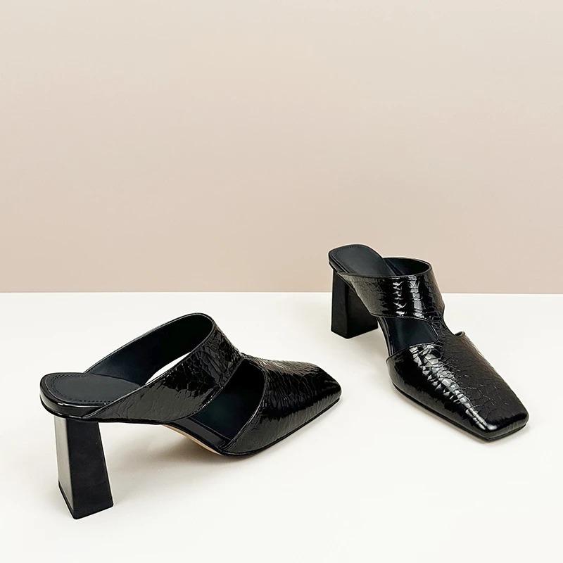 Mote Nye Pumps Damesandaler Ute Naturlig Skinn Sprekket Tøfler Kvinnelig Mote Firkantet Tå Mules Høy Hæl Slides Sko