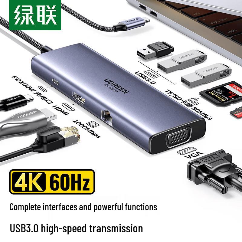 UGREEN USB-C 9-in-1 Hub with 4K 60Hz HDMI, VGA, 100W PD & Gigabit Ethernet