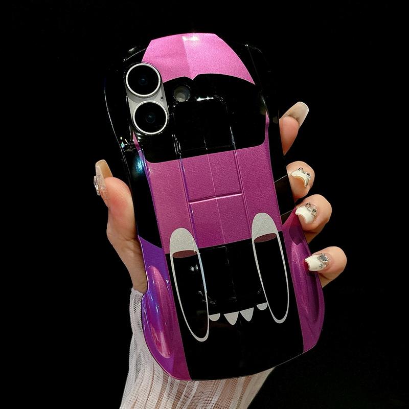 3D Car Shape Cool Glossy Phone Case For iPhone 16 Pro Max 15 Pro 14 13 12 11 Slim Hard PC Hybrid Silicone Soft Edge Shockproof Bracket Back Cover