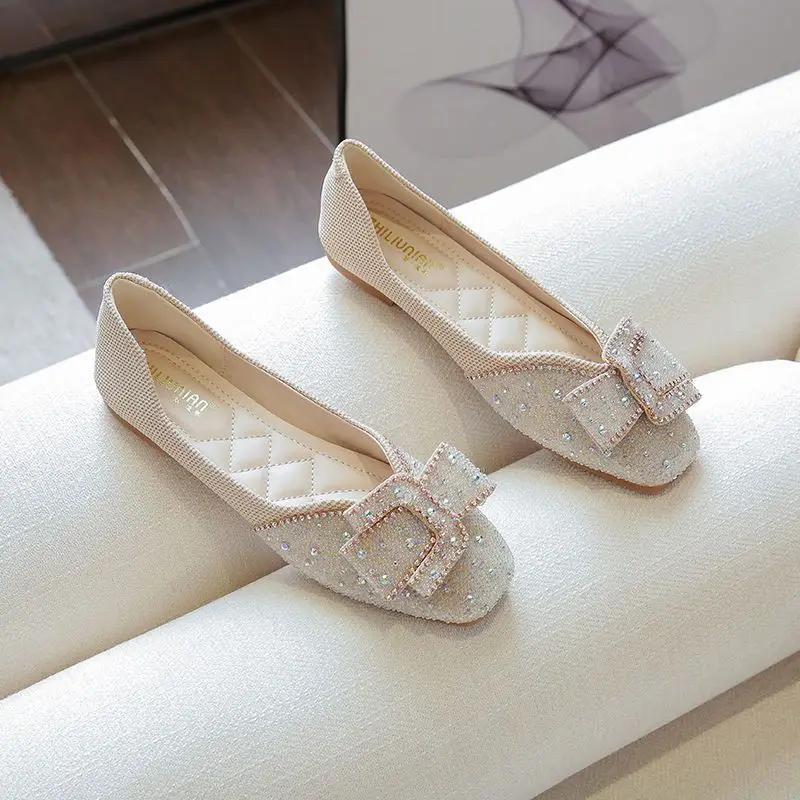 Rhinestone With Bow Crystals Non Slip Woman Flats Diamond Shoes for Women Comfortable and Elegant Summer a Spring Popular