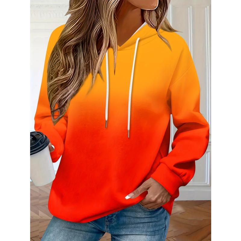 Women's Fashion Gradient Color Printed Long-Sleeve Sweatshirt with Crew Neck and Drawstring Hood
