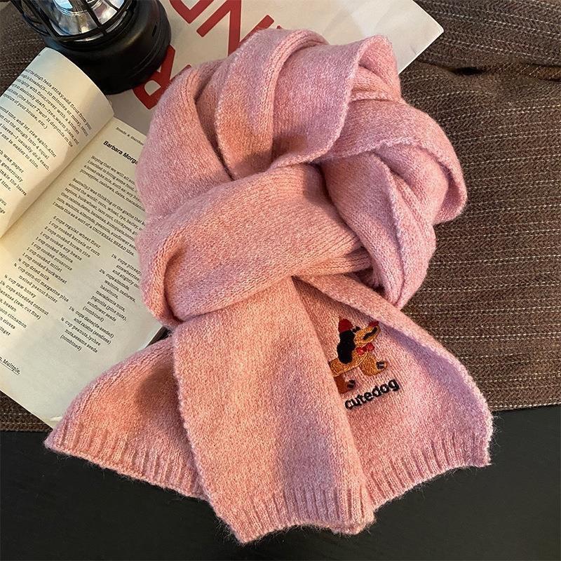 

Korean Style Cute Puppy Embroidered Scarf for Women Winter Fashion Wool Blended Shawl Thickened Warm and Cold Proof Knitted Scarf