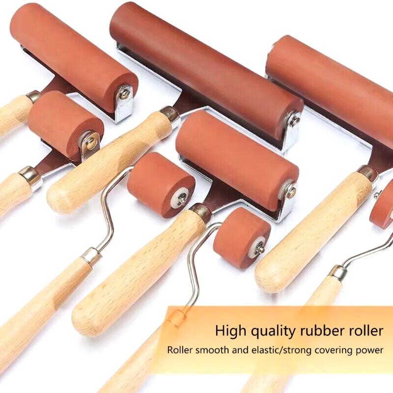 1/3Pcs Rubber Brayer Rollers for Crafting, Wood Handle Rubber Rollers for Printmaking, Wallpaper Roller Painting Tool