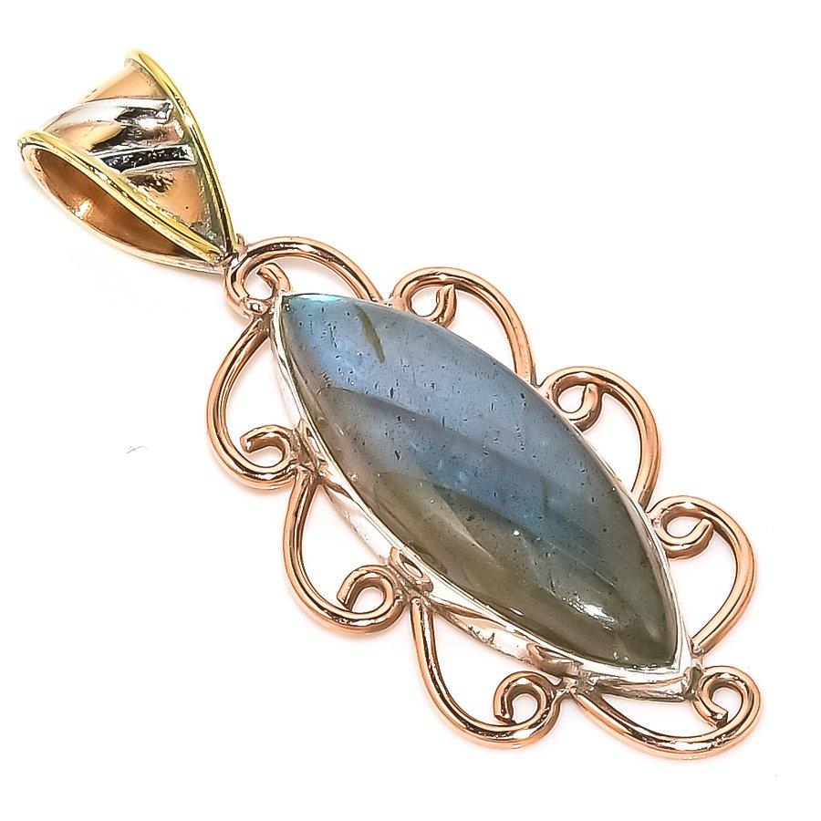 

Natural Labradorite TwoTone 925 Solid Sterling Silver Jewelry Pendant 1.75 G0G97