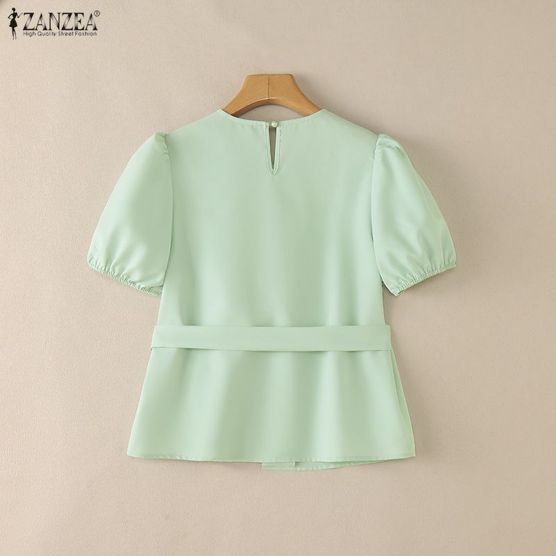 ZANZEA Women Casual Round Neck Solid Color Puff Short Sleeve Blouse