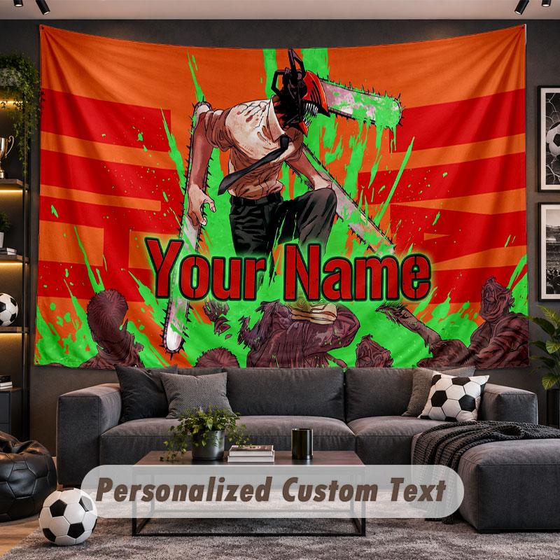 Wall Hanging Tapestry Custom NameChainsaw Man Pattern Personalized Printed Fabric Wall Decor