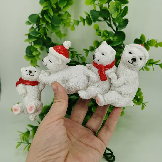 Christmas Polar Bear Family Figurine Santa Hat Red Scarf Four