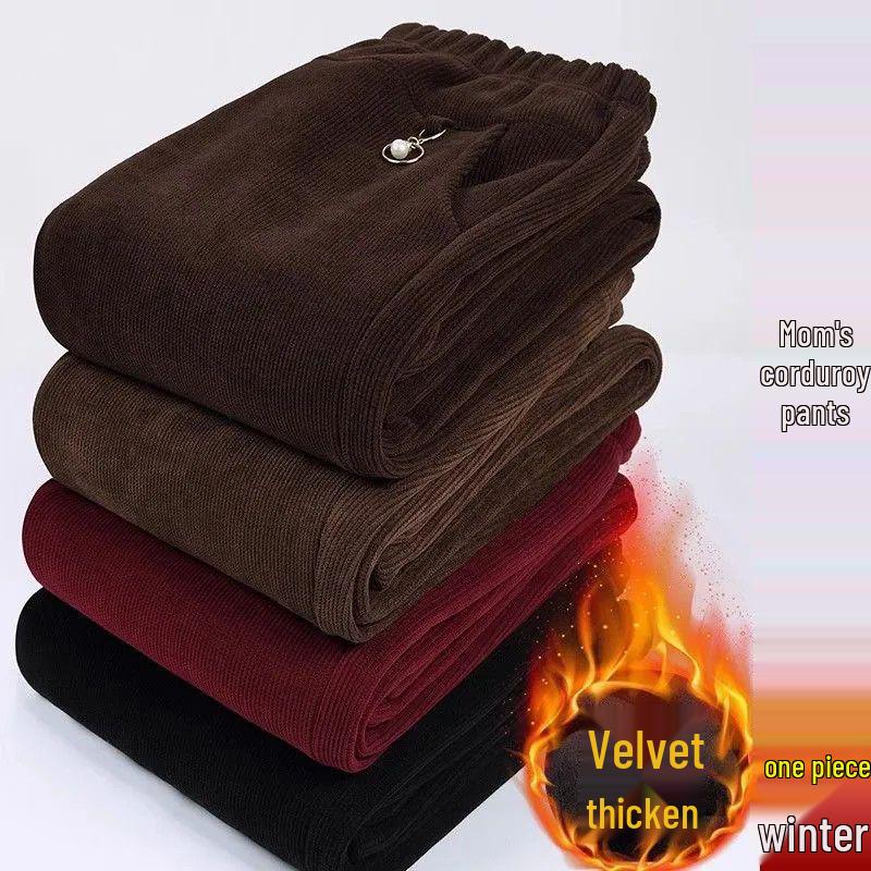 Mom's Corduroy Pants: Spring & Autumn Long, Middle-Aged & Elderly, Grandma's Winter Cotton Plus Velvet, Loose Fit, Large Size.