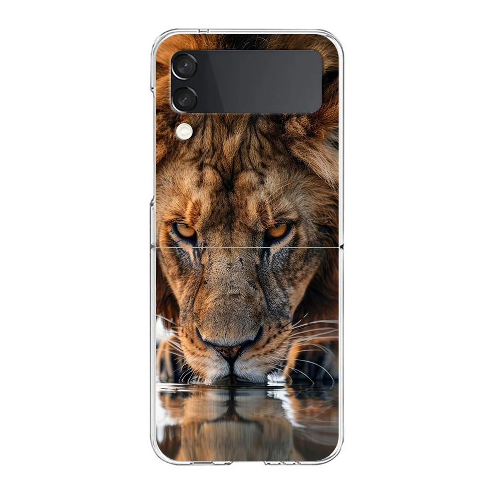 Transparent Phone Case For Samsung Galaxy Z Flip 3 4 5 6 7 Hard Folding PC Z Flip3 Flip4 Cover Cool Animal Tiger Lion