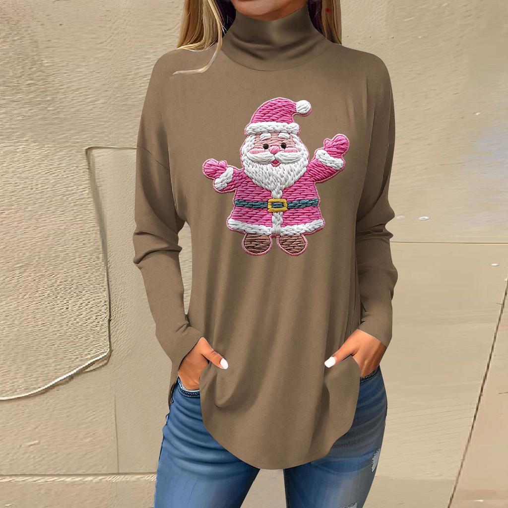 Women's Fashionable Loose-Fit High-Neck T-Shirt With Christmas Print Long-Sleeved Top