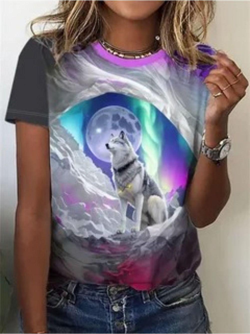 

Fashion Wolf T-Shirts Animal 3D Print Women Summer Casual Short Sleeve Round Neck T Shirt Tees Harajuku Y2K Tops Female Clothing S