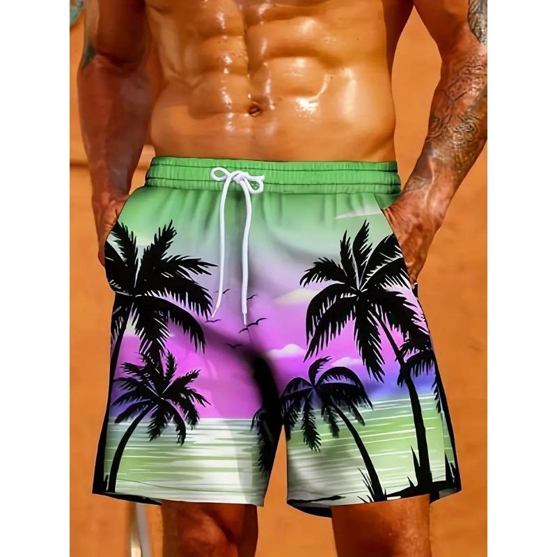 Summer Men's Tropical Floral Print Beach Shorts Quick Dry Drawstring Swim Trunks