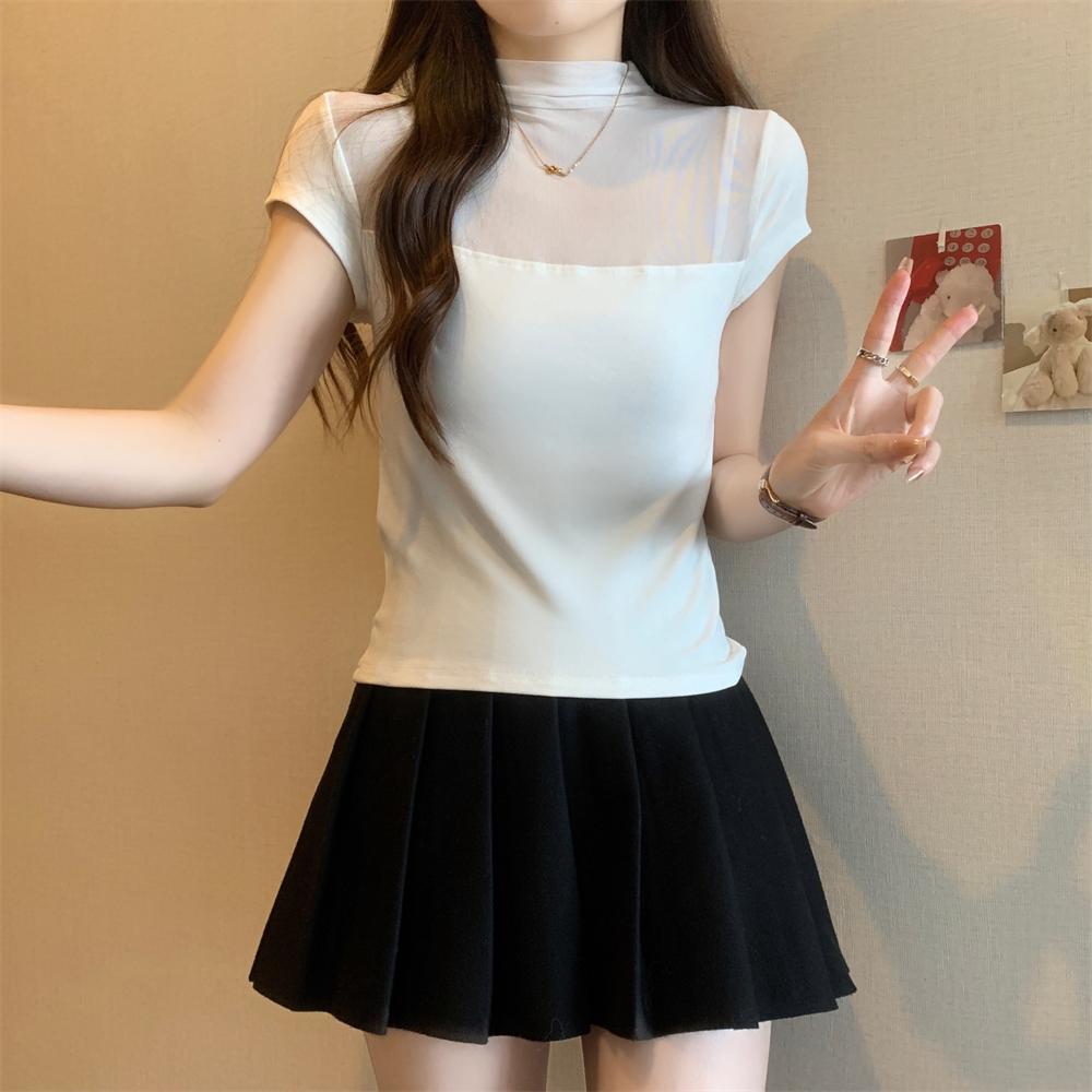 Summer Pure Cotton Mesh Splicing T Shirt for Women Solid O-neck Short Sleeve T-shirts Perspective Slim Elastic Skinny Black Tops