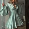 European and American party French satin flare-sleeve solid color long-sleeve dress, women's sexy V-neck waist-cinching short dress