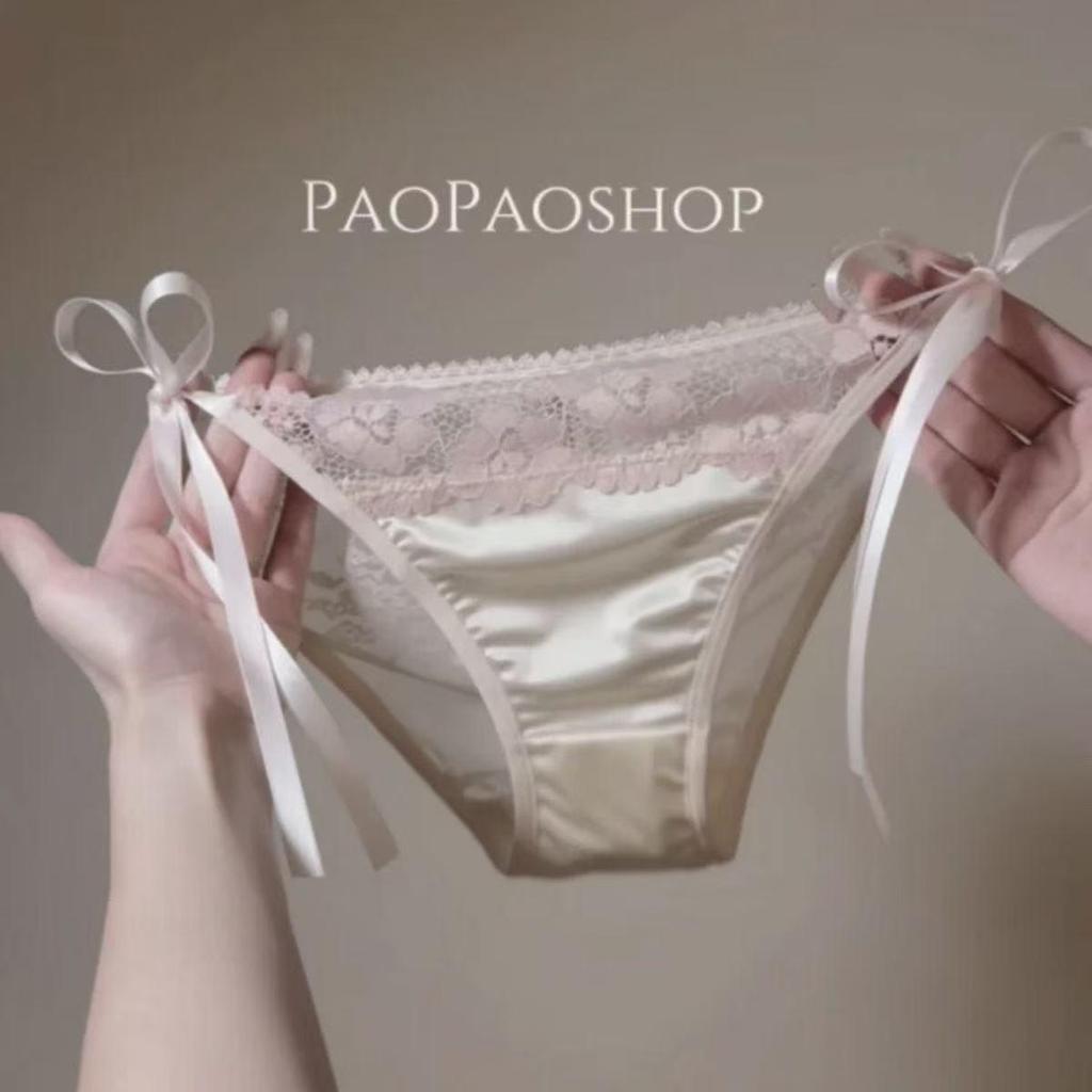 French Satin Lace Side-Tie Low-Rise Butt-Lifting Thongs for Women with Pure Cotton Crotch