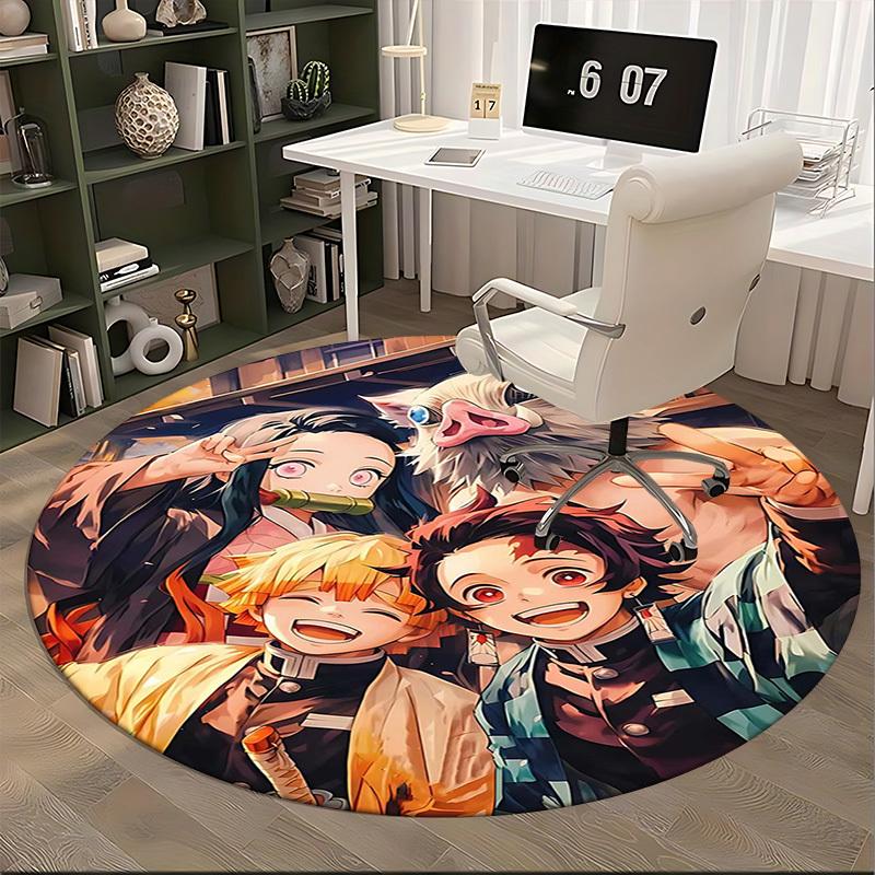 1pc Demon Slayer Anime Design Round Carpet - Tanjiro, Nezuko, Zenitsu, Kyojuro Rengoku - Office Chair Mat, Non-Slip Rug for Home Decor, Living Room, B
