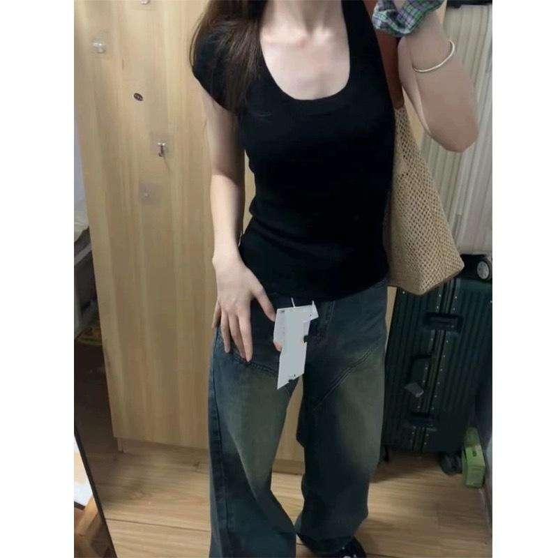U-neck Design Sense Spice Girl Short-sleeved T-shirt Women's Summer New Front Shoulder Slim and Thin Versatile Low Collar Trendy
