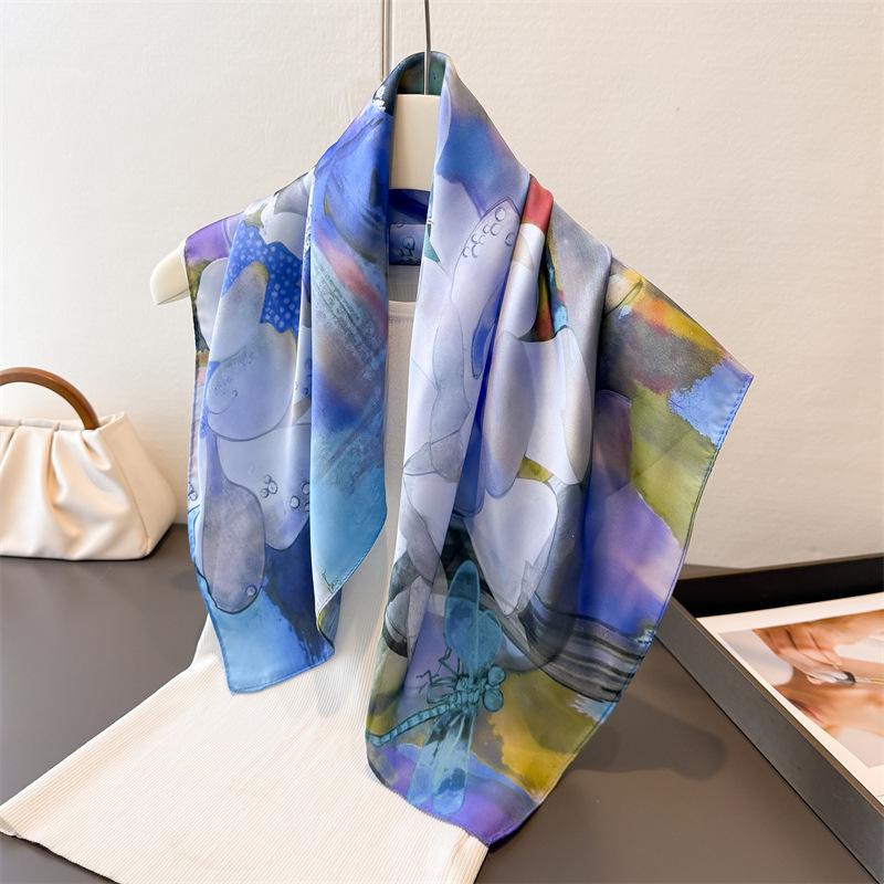 Lotus Pond Dragonfly Printing High-end Silk Scarf Simulation Silk Square Scarf Shawl Versatile Neck Small Square Scarf Headscarf Scarf Female