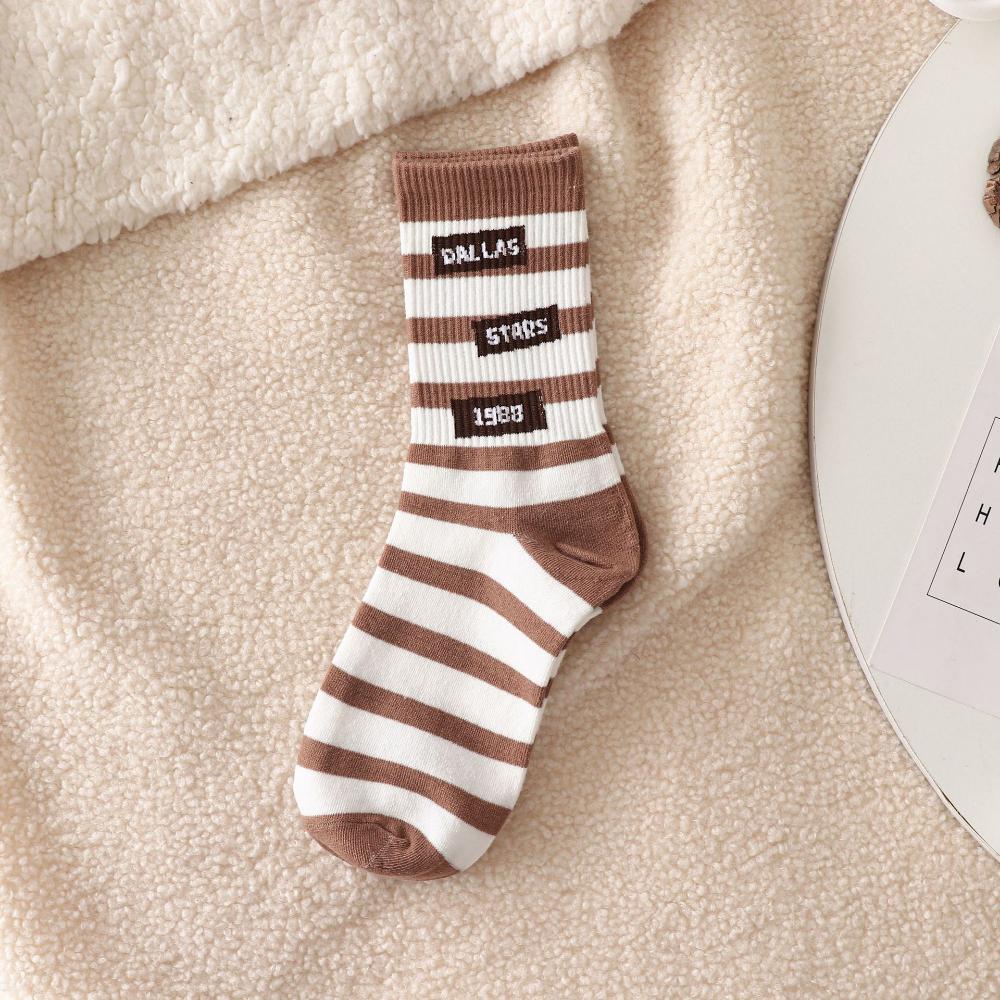 Japan Harajuku Style Cartoon Creative Brown Striped Kawaii Socks Winter Fashion Line Skateboard Woman Medium Stockings