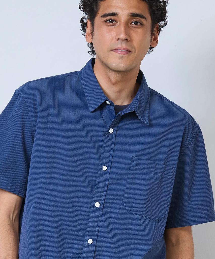 LL Bean Organic Cotton Seersucker Short Japan Size Bright 1000041817 Men's Shirt, Sleeve, Striped, Fit, M, Blue,