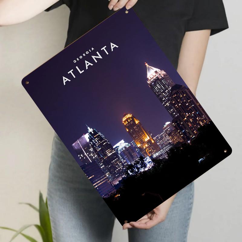 

Atlanta Georgia Night View Metal Wall Art City Skyline Decor Modern Home Office Decoration 20x30cm（7.8x11.8inch）