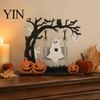 Decorative Wood Figures Funny Halloween Desktop Swing Decor, Spooky Home Decor for Living Room Handmade Wooden Scenes Tabletop, Gothic Fall