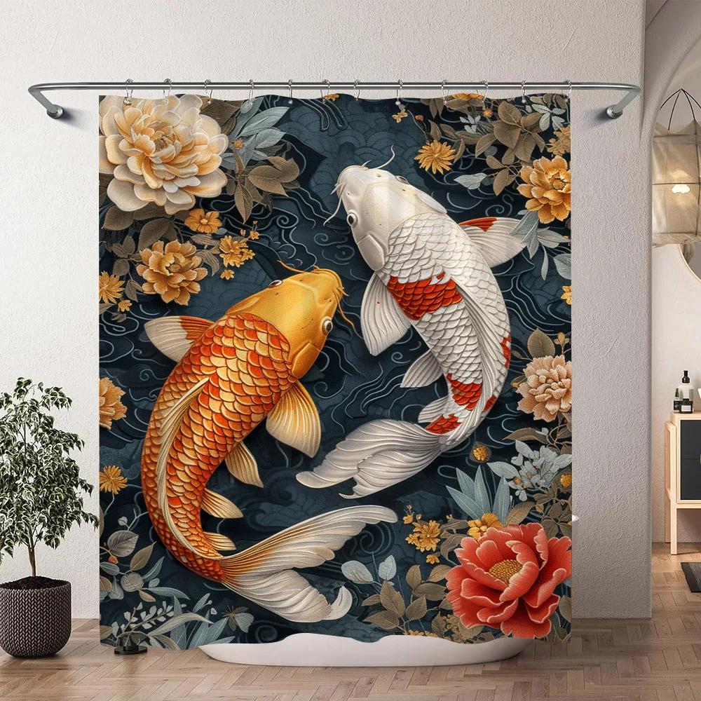 Chinese Japanese Koi Ink Painting Shower Curtain Red Cherry Blossom Wave Fish Watercolour Painting Bath Curtains Bathroom Decor