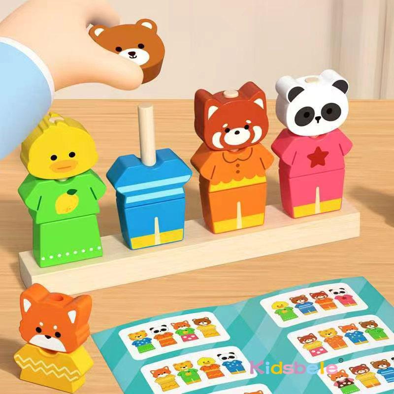Lustiges Holz-Anziehspiel mit Tieren Erstelle dein eigenes Outfit Kinder Holztiere passendes Stoffblock Lern-Anziehspielzeug Geschenk