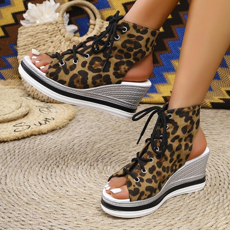 Women'S Leopard Print Wedge Sandals - Stylish Open-Toe, Lace-Up Ankle Strap, Comfortable High Heel with Metallic Accents, All-Season Footwear