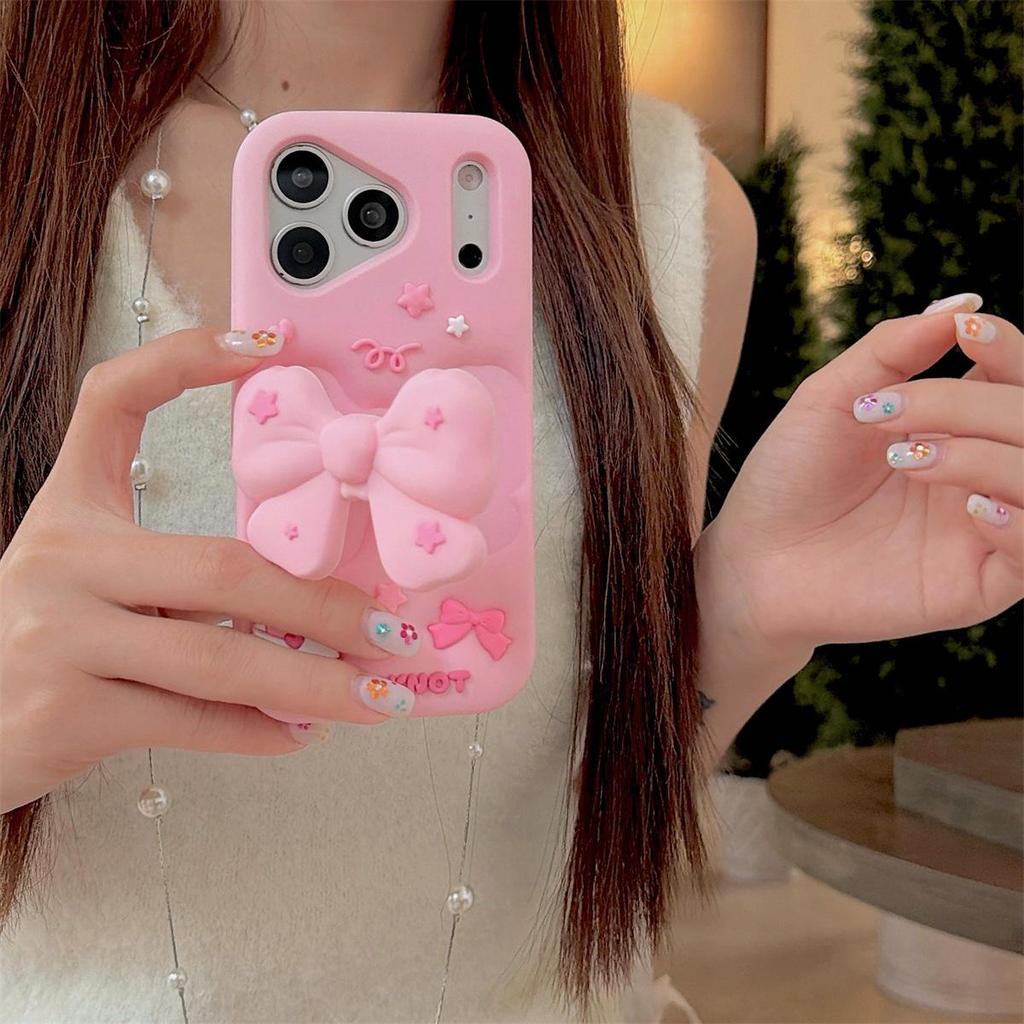 3D Pink Bow Anti-Fall Phone Case for iPhone 14/13 Pro Max
