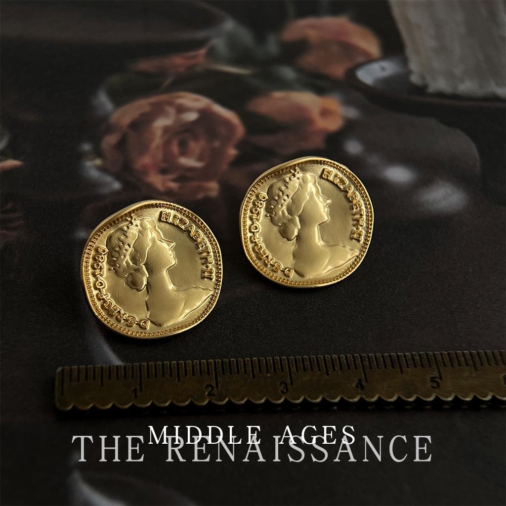 Light Medieval Retro Portrait Coin Geometric Irregular Round Stud Earrings Ear Jewelry