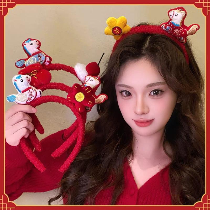 Sweet Cartoon Horse Hair Hoop Pony Red Headpiece Good Luck Headwear 2026 New Year Headband Children Headwear